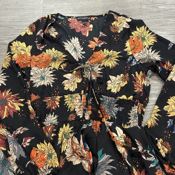 Revamped Black Floral Smock Waist Tie Chest Tiered Bottom Long Sleeve (L) Dress - Picture 4 of 5